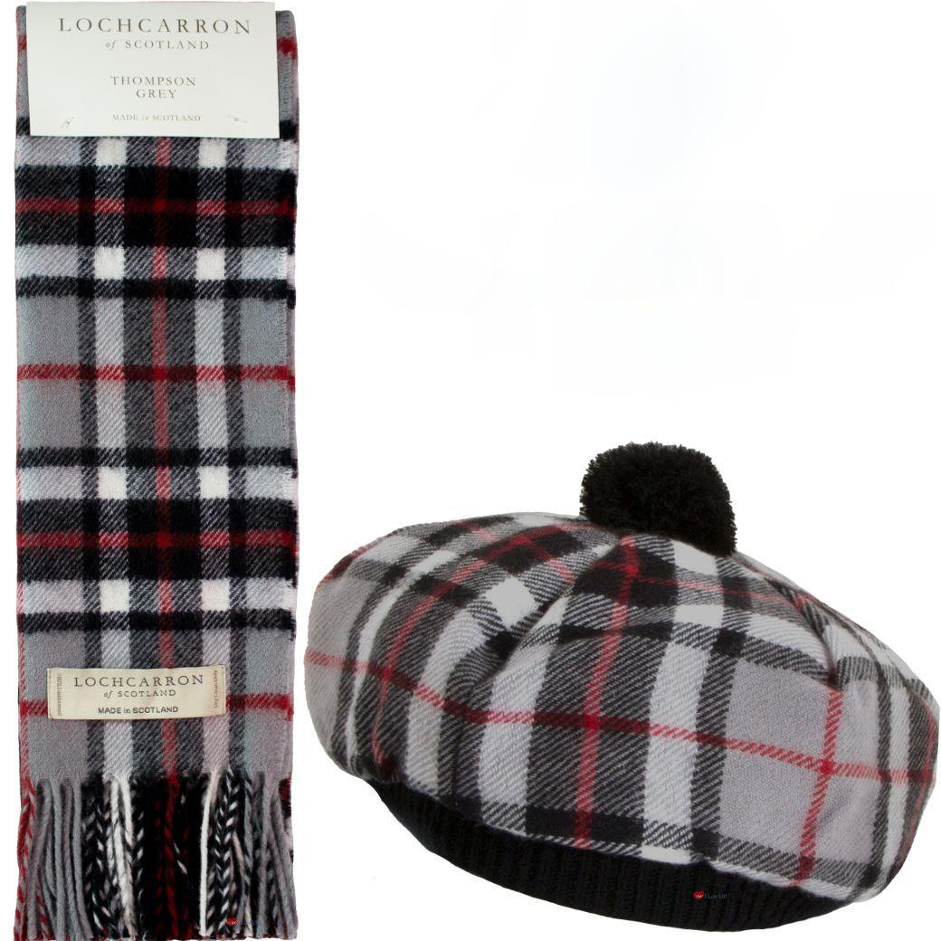 Thompson Grey Tartan Ladies Tammy Hat & Scarf Set Lambswool