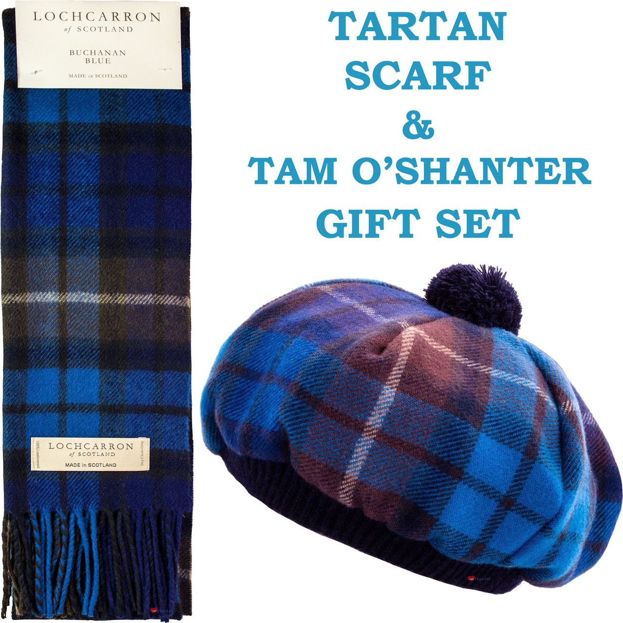 Buchanan Blue Tartan Ladies Tammy Hat & Scarf Set Lambswool