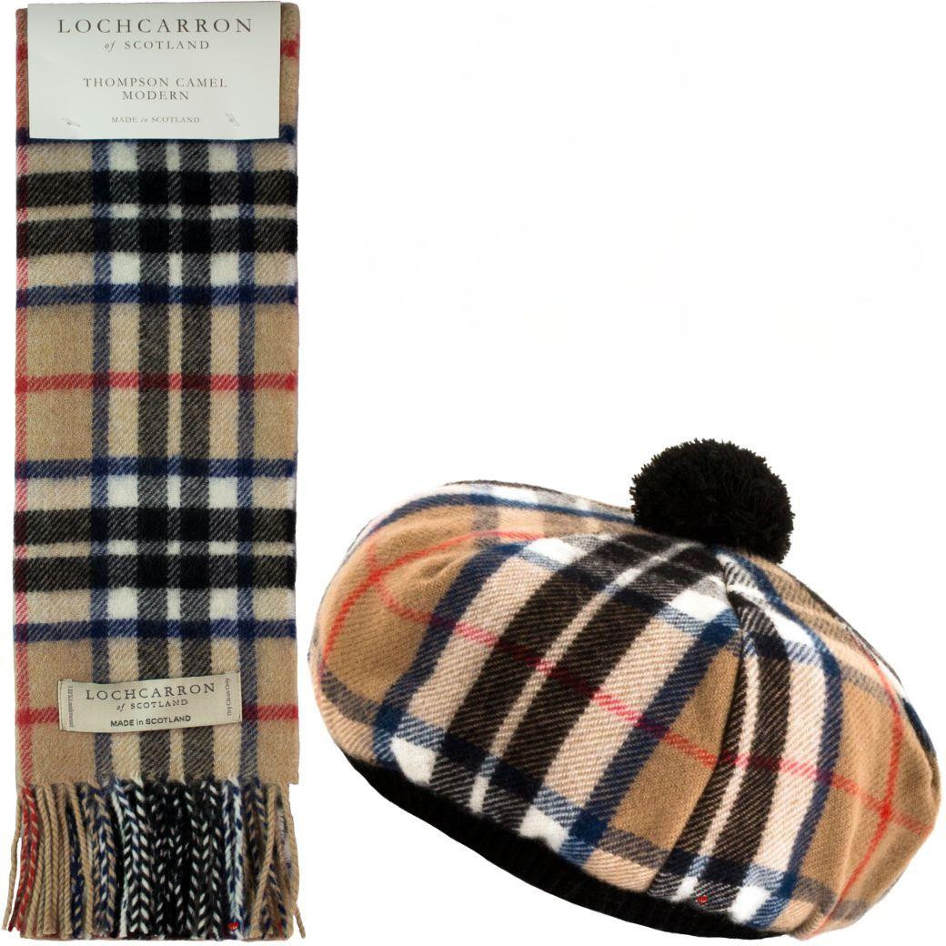 Thomson Camel Modern Tartan Ladies Tammy Hat & Scarf Set Lambswool
