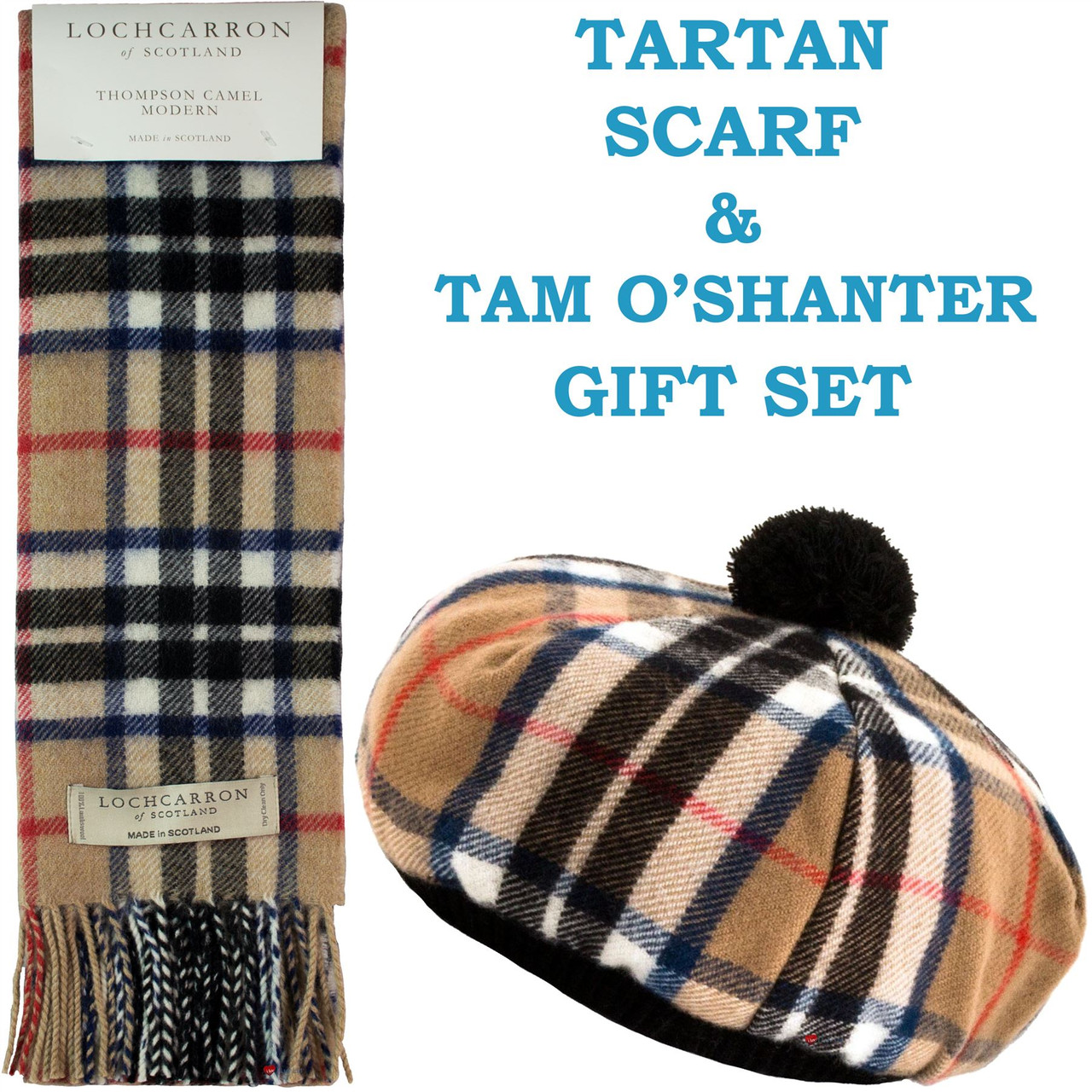 Thomson Camel Modern Tartan Ladies Tammy Hat & Scarf Set Lambswool