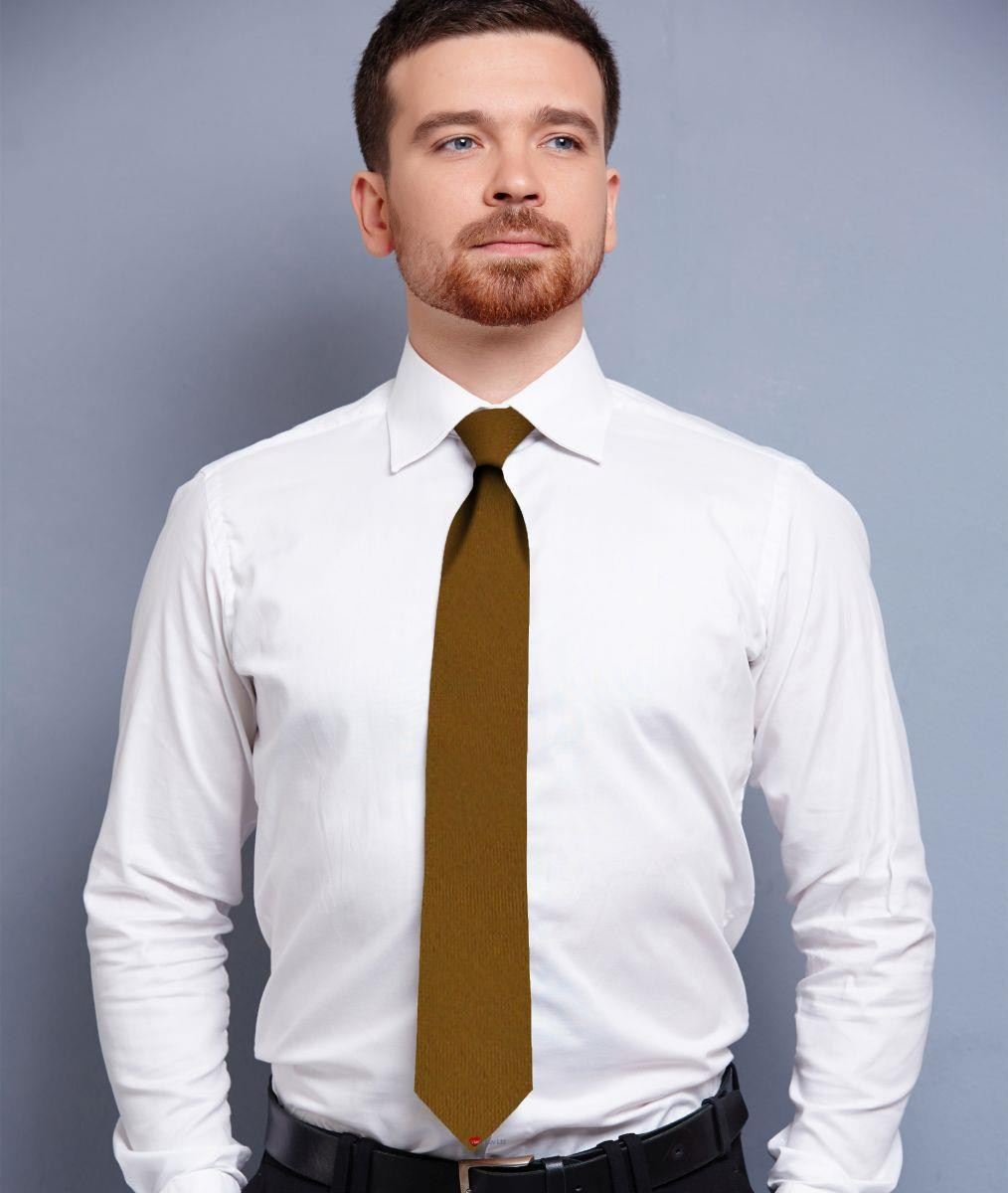 Mens Tie Gold Plain Colour Pure Wool