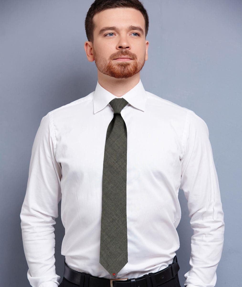 Mens Tie Grey Plain Colour Pure Wool