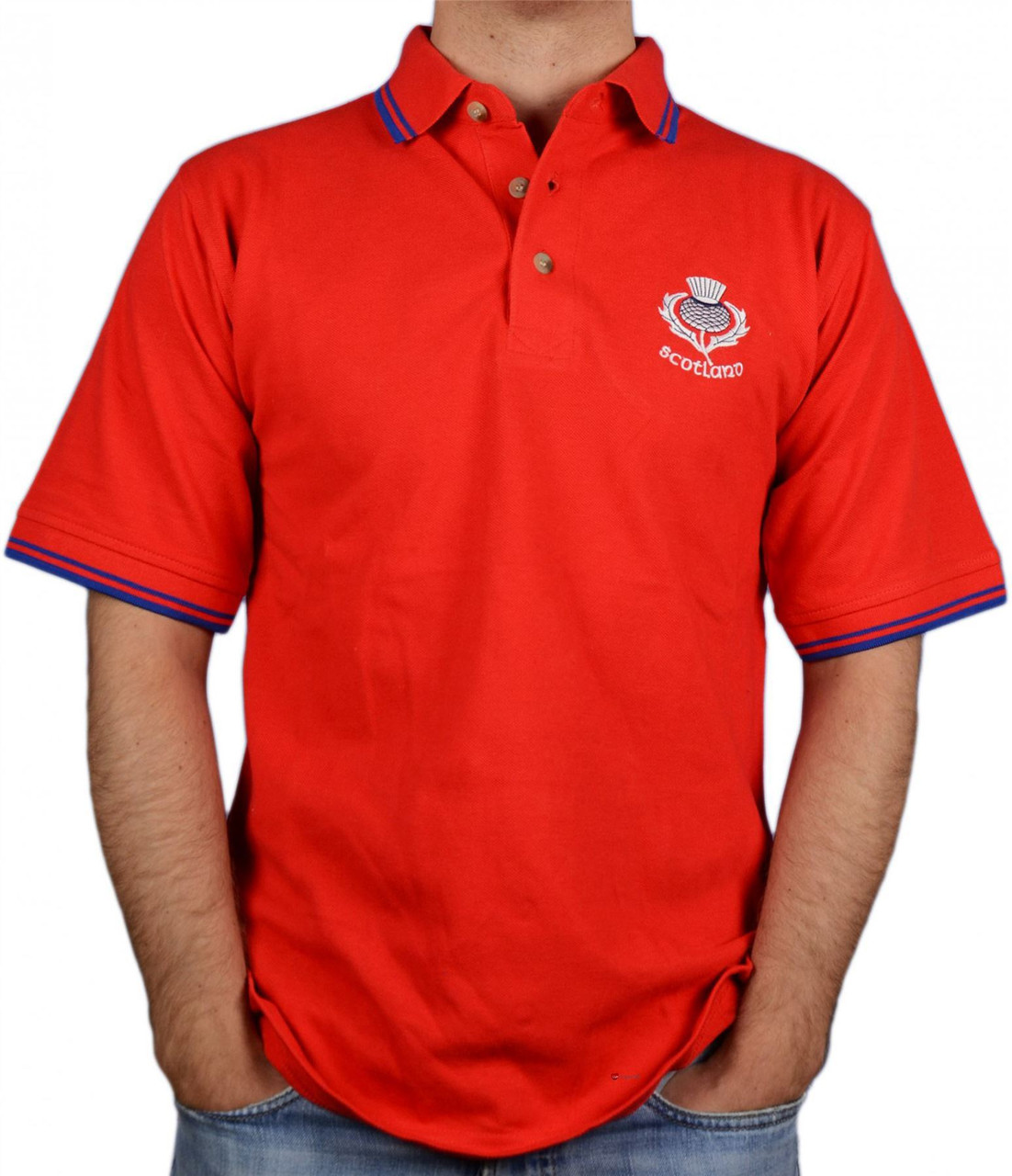 Men's Embroidered Polo Top With Thistle Design In Red