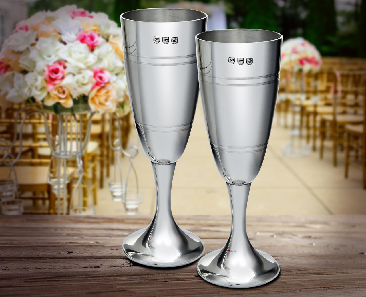 Pair of Satin Finished Pewter Champage Flutes in a Silk Lined Presntation Box