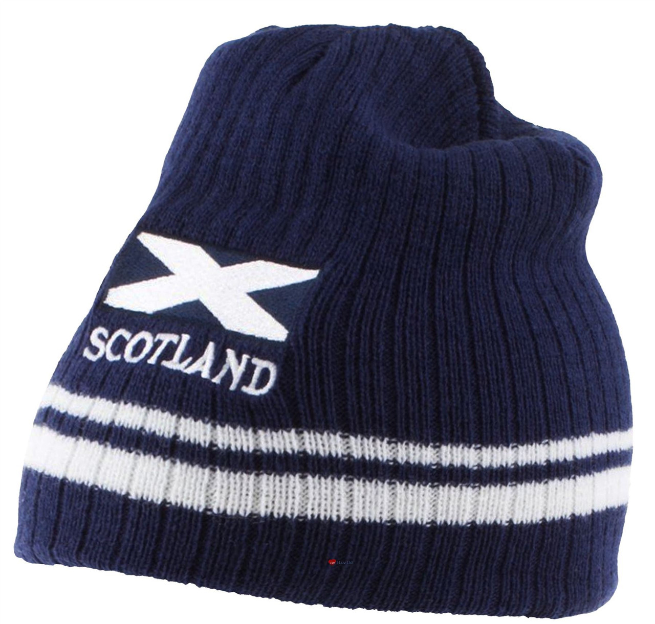 Saltire Flag Scotland Ribbed Beanie Winter Ski Hat Striped Navy White Scottish Gift