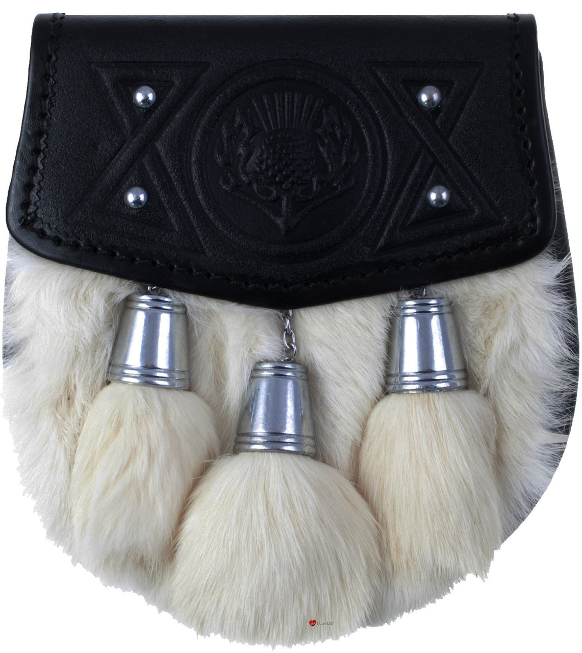 Traditional Scottish Half Dress Sporran Stud Thistle Leather Synthetic White Rabbit Fur
