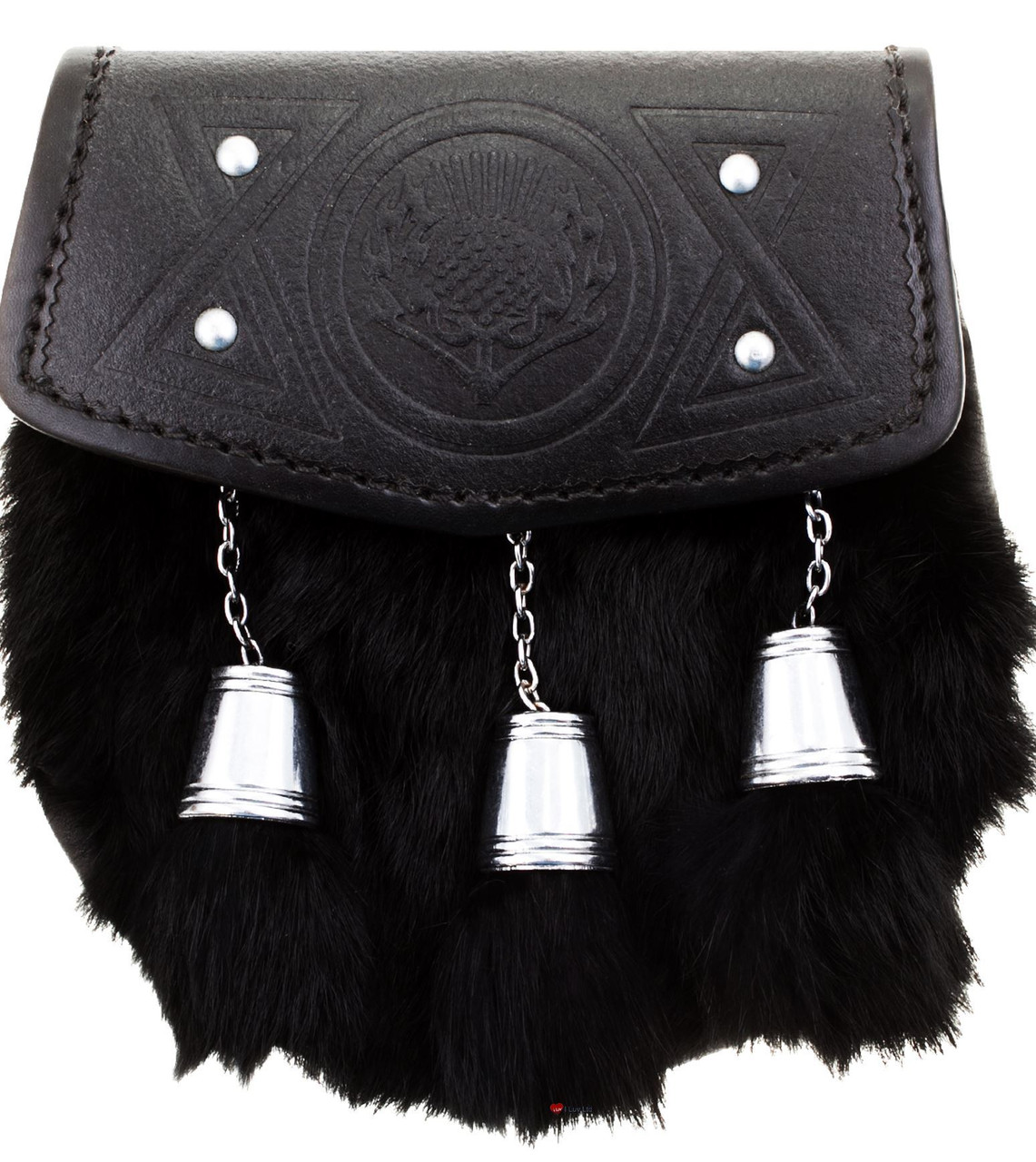 Traditional Scottish Half Dress Sporran Stud Thistle Leather Synthetic Black Rabbit Fur