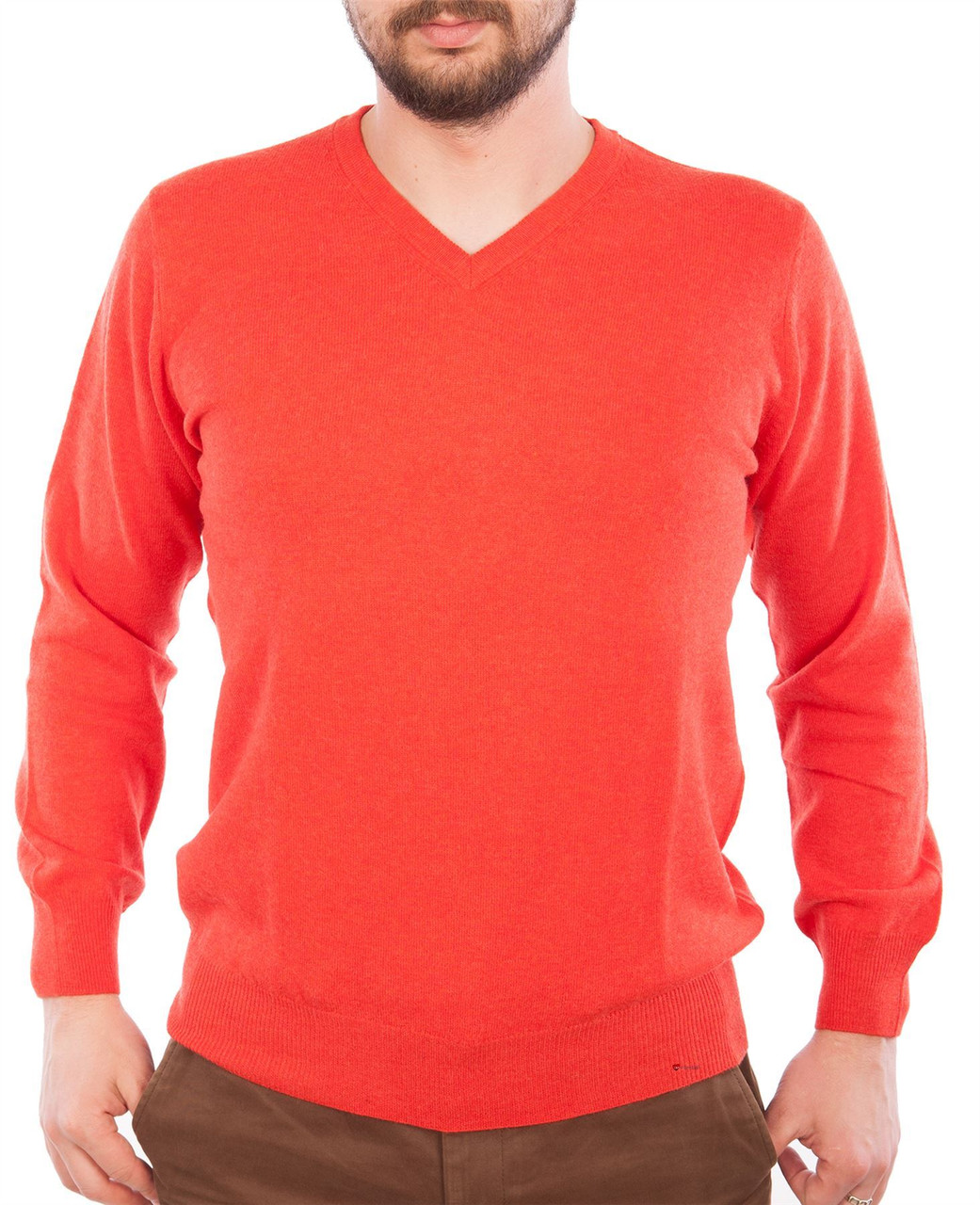 Mens Merino Wool Sweater V-Neck Orange
