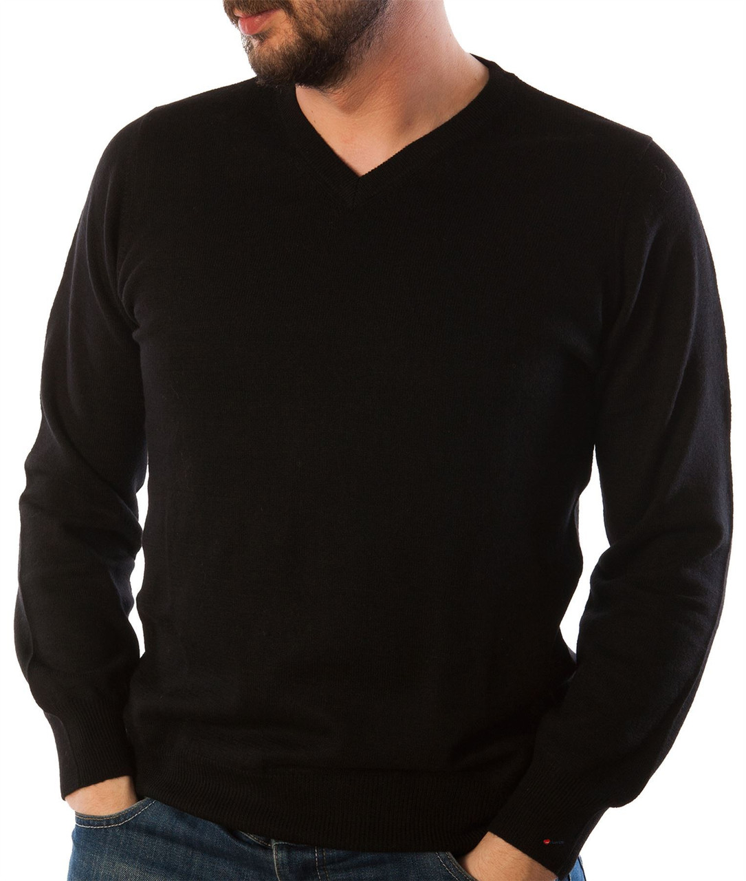 Mens Merino Wool Sweater V-Neck Black