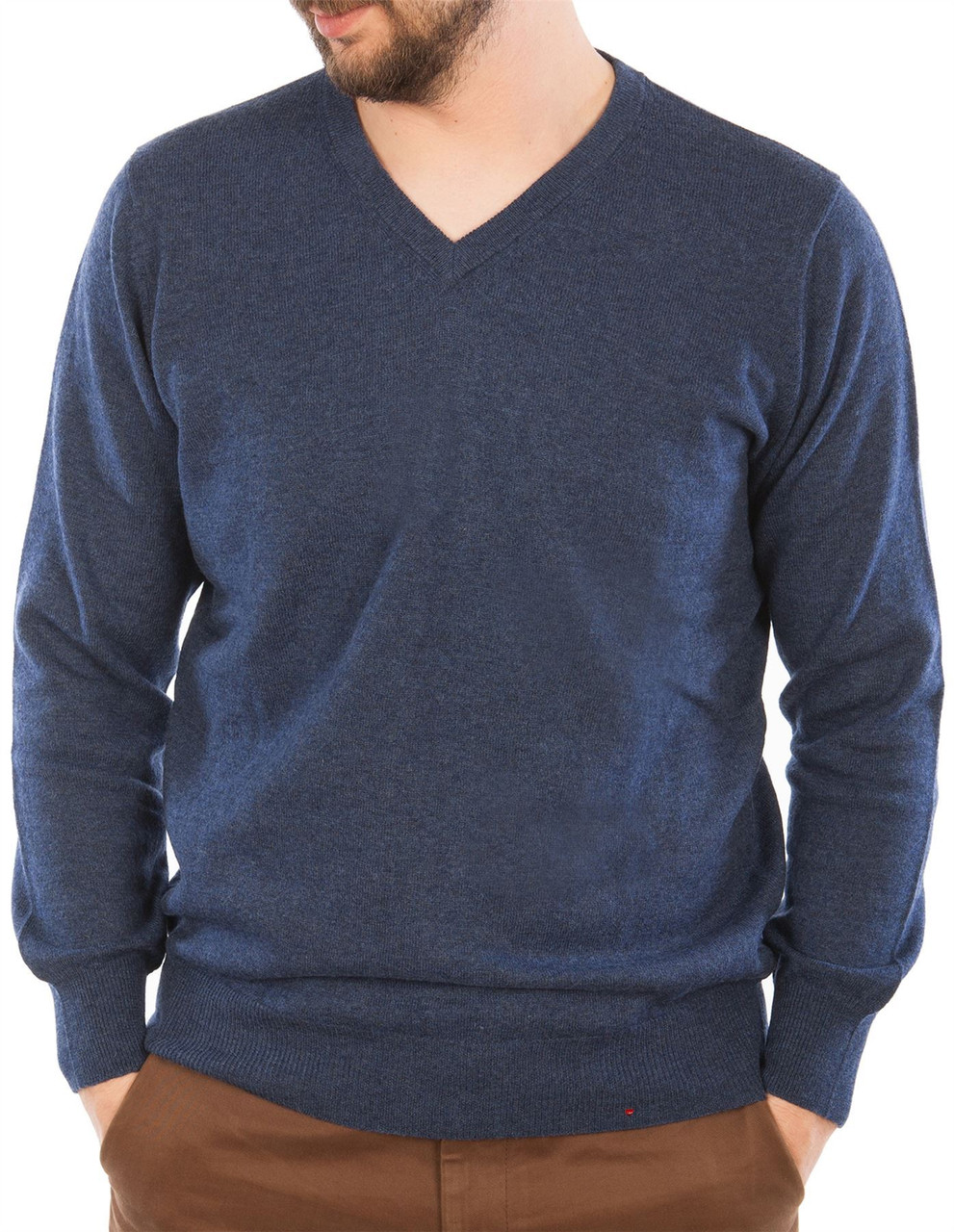 Mens Merino Wool Sweater V-Neck Denim Blue