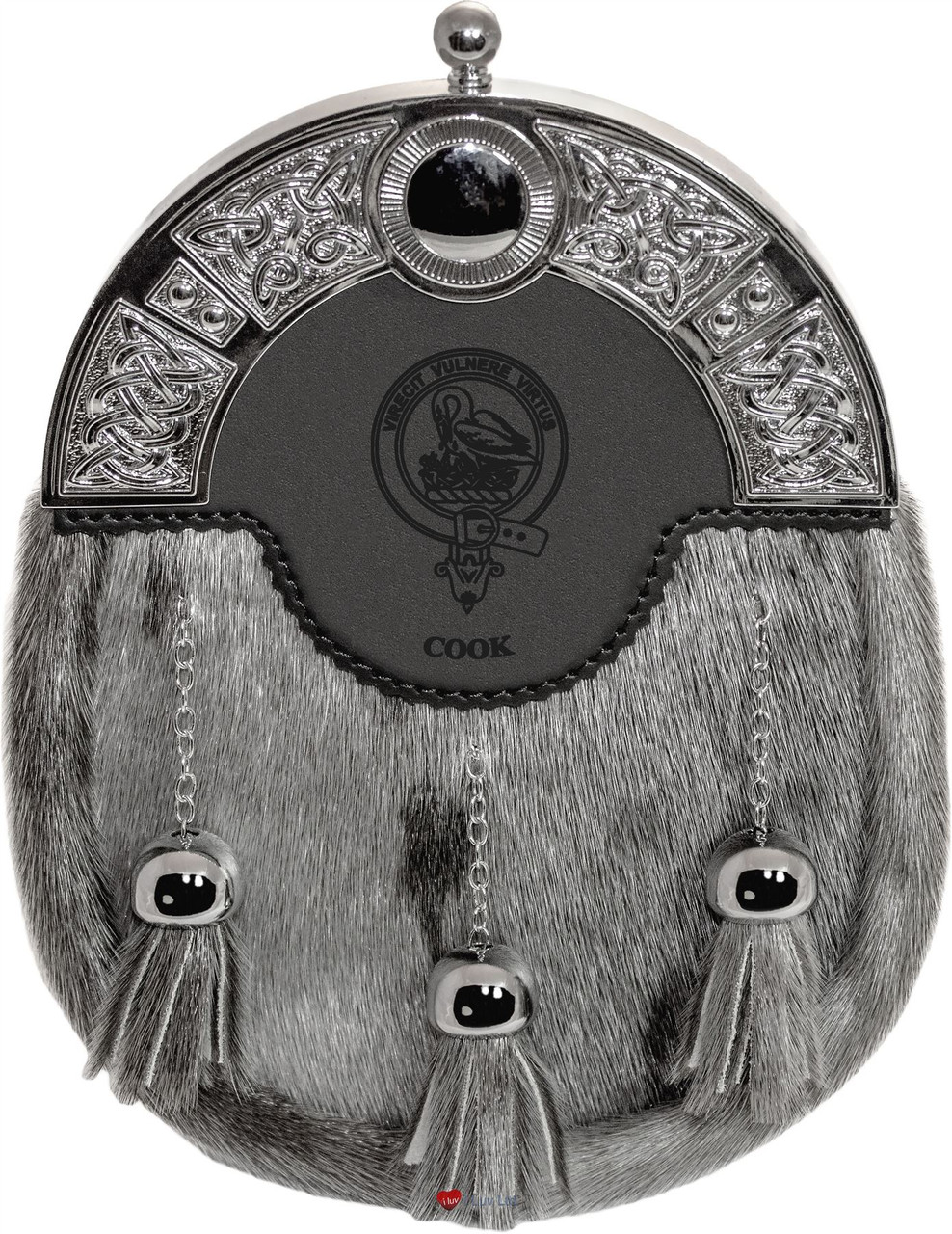 Clan Dress Sporran 3 Tassels Studded Targe Celtic Arch Scottish Clan Name Crest Abbot-Dyce