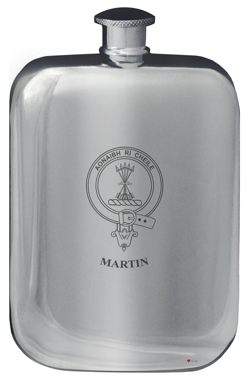 Family Crest Design Pocket Hip Flask 6oz Rounded Polished Pewter MacPatrick-Ramsay