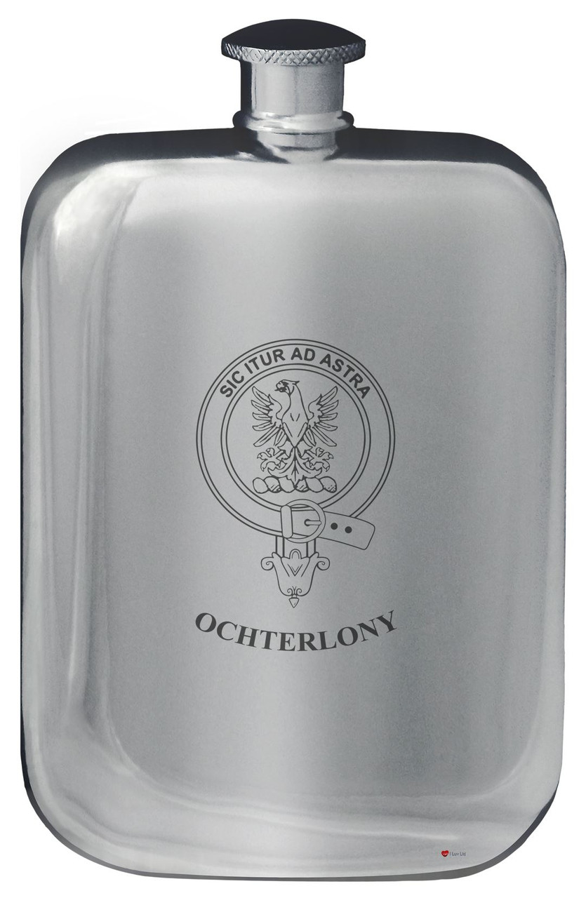 Family Crest Design Pocket Hip Flask 6oz Rounded Polished Pewter MacPatrick-Ramsay