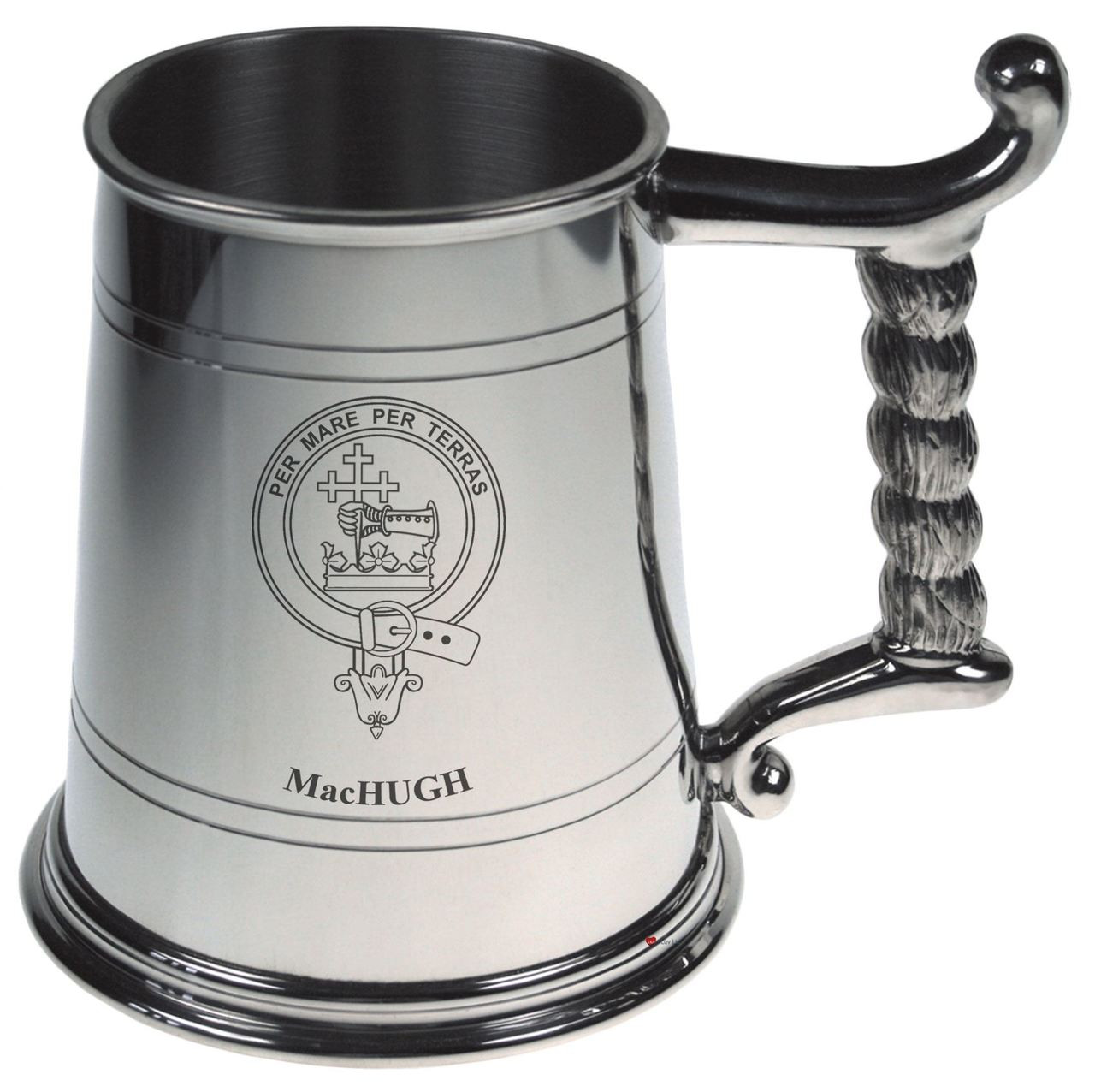 Crest Tankard with Rope Handle in Polished Pewter 1 Pint Capacity MacDade-MacKindlay
