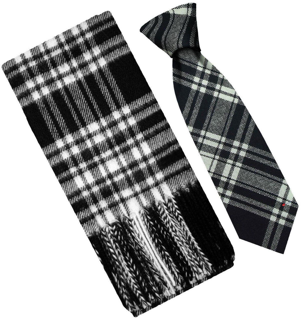 Mens Scarf & Tie Gift Set Wool Tie Menzies Black/White Modern Tartan Plaid Design 100% Lambswool Scarf