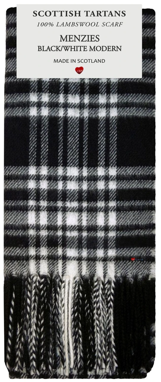 Mens Scarf & Tie Gift Set Wool Tie Menzies Black/White Modern Tartan Plaid Design 100% Lambswool Scarf