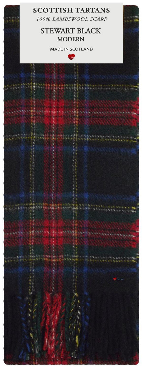 Mens Scarf & Tie Gift Set Wool Tie Stewart Black Modern Tartan Plaid Design 100% Lambswool Scarf
