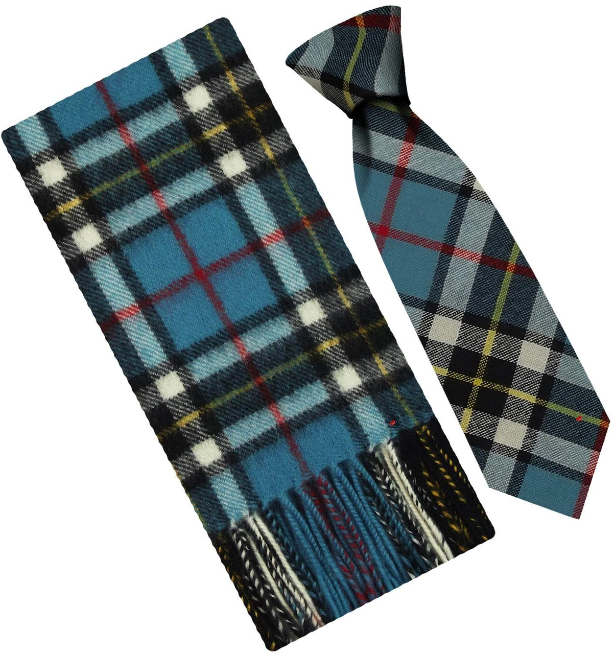 Mens Scarf & Tie Gift Set Wool Tie Thompson Blue Modern Tartan Plaid Design 100% Lambswool Scarf