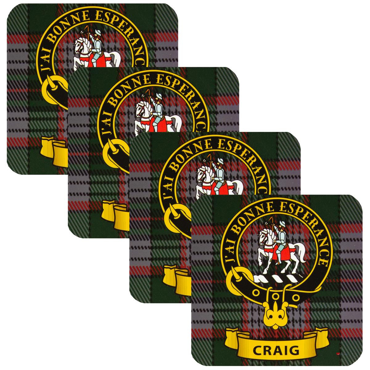 Craig Clan Crest Square Coasters Set of 4 Cork Backed From Scotland