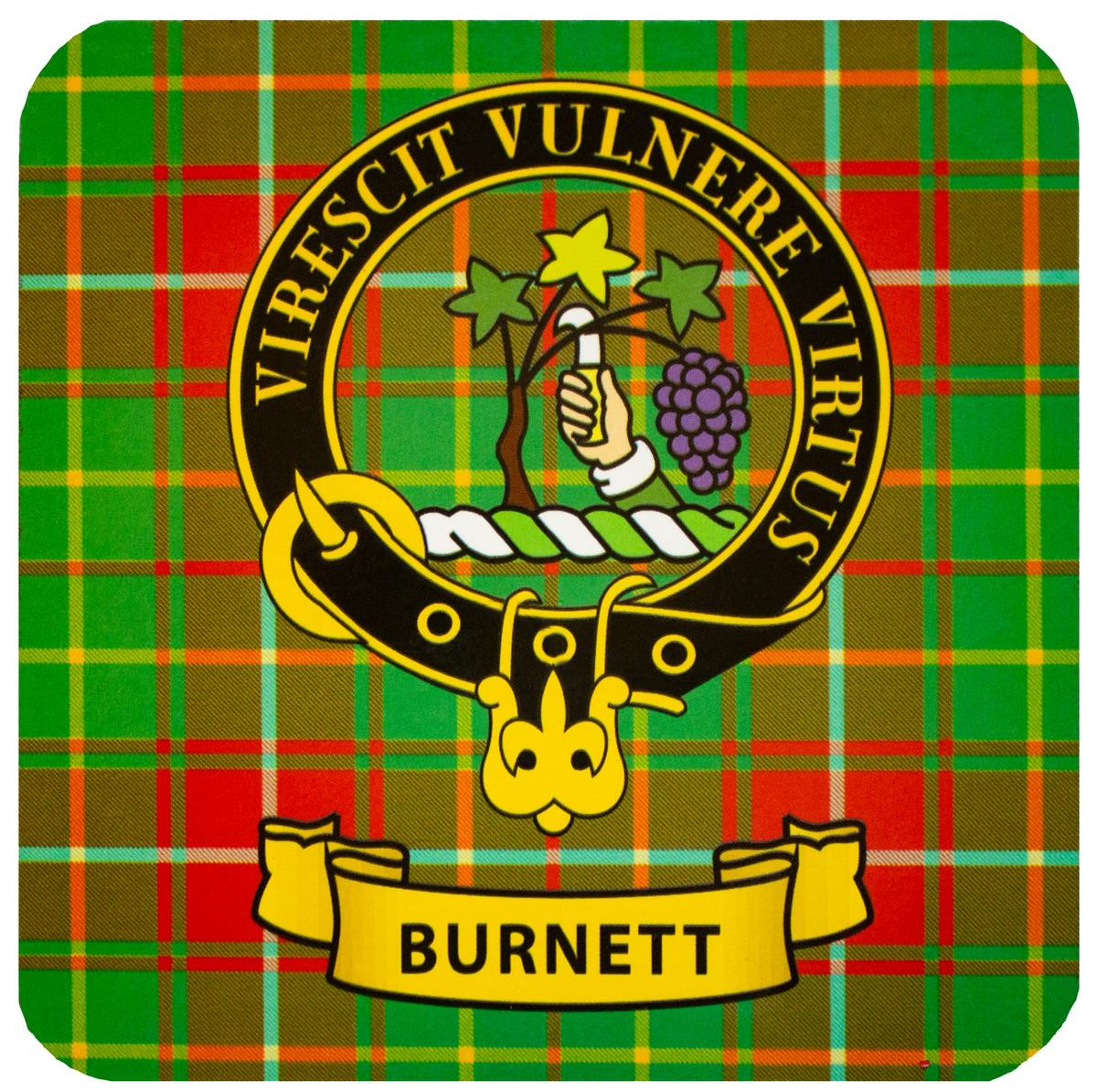 Burnett Clan Crest Square Coasters Set of 4 Cork Backed From Scotland