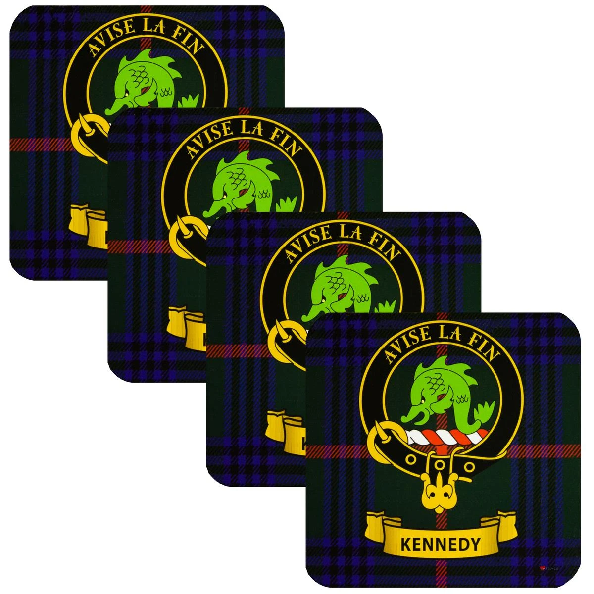 Kennedy Clan Crest Square Coasters Set of 4 Cork Backed From Scotland