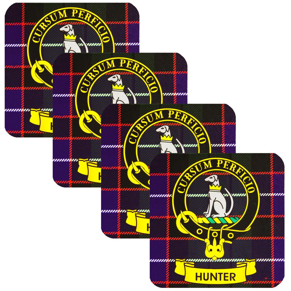 Hunter Clan Crest Square Coasters Set of 4 Cork Backed From Scotland