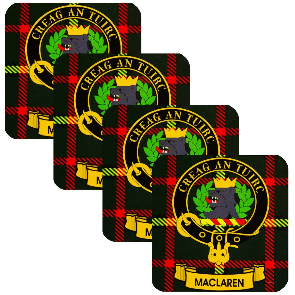 MacLaren Clan Crest Square Coasters Set of 4 Cork Backed From Scotland