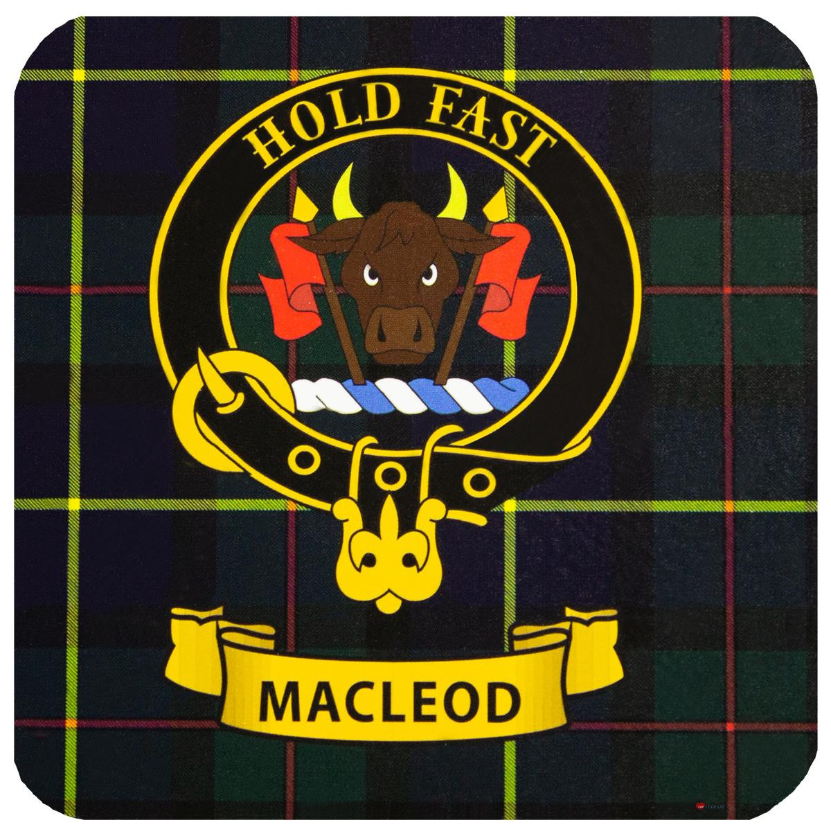 MacLeod Harris Clan Crest Square Coasters Set of 4 Cork Backed From Scotland