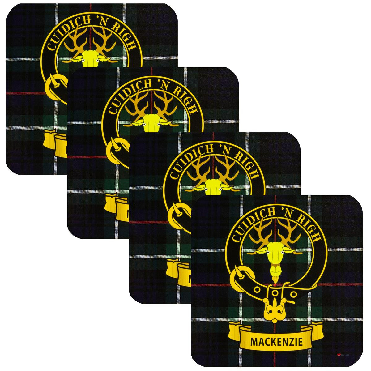 MacKenzie Clan Crest Square Coasters Set of 4 Cork Backed From Scotland