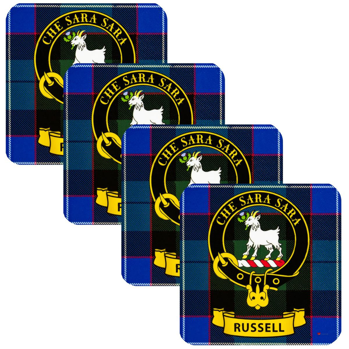 Russell Clan Crest Square Coasters Set of 4 Cork Backed From Scotland