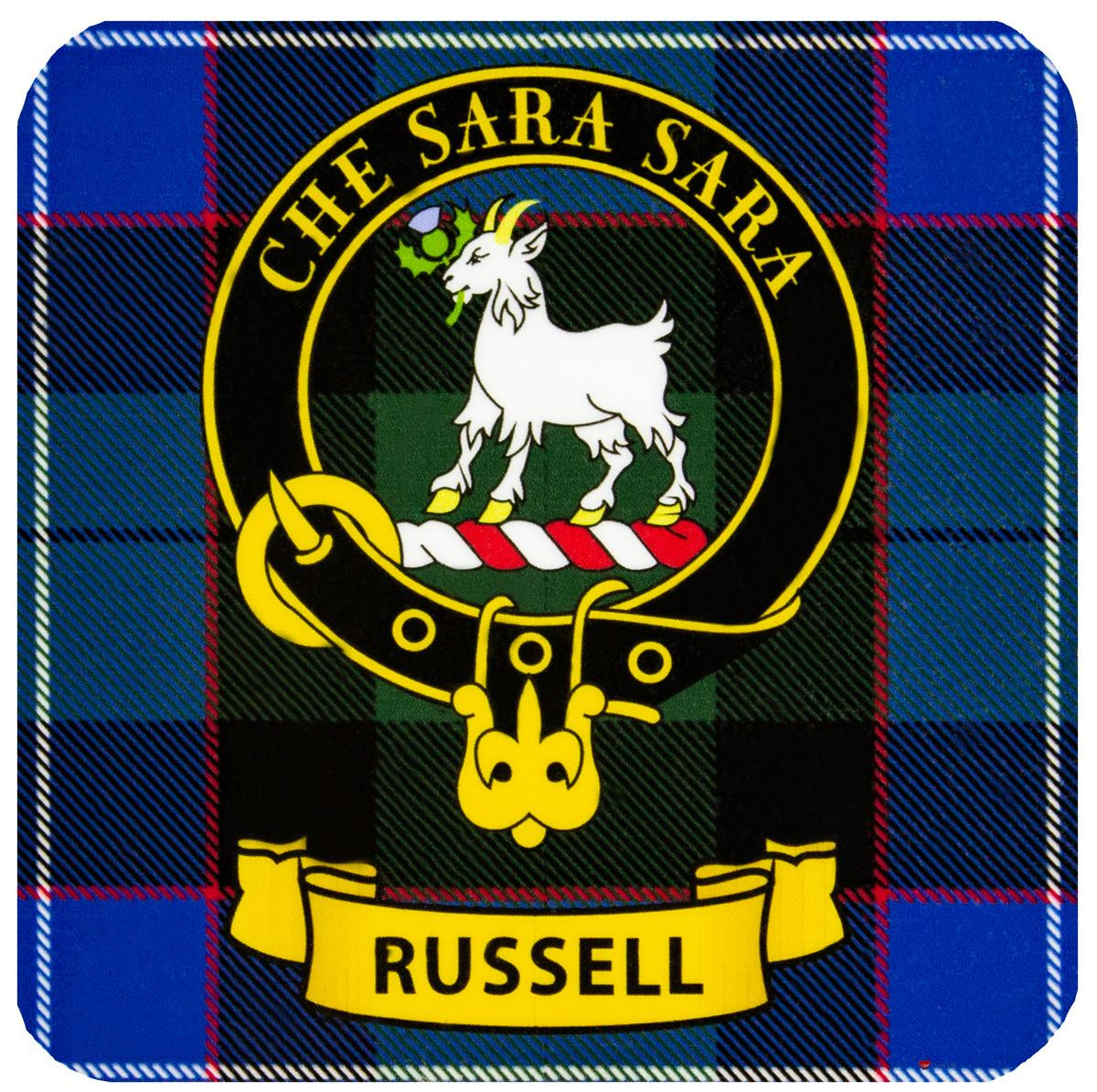 Russell Clan Crest Square Coasters Set of 4 Cork Backed From Scotland