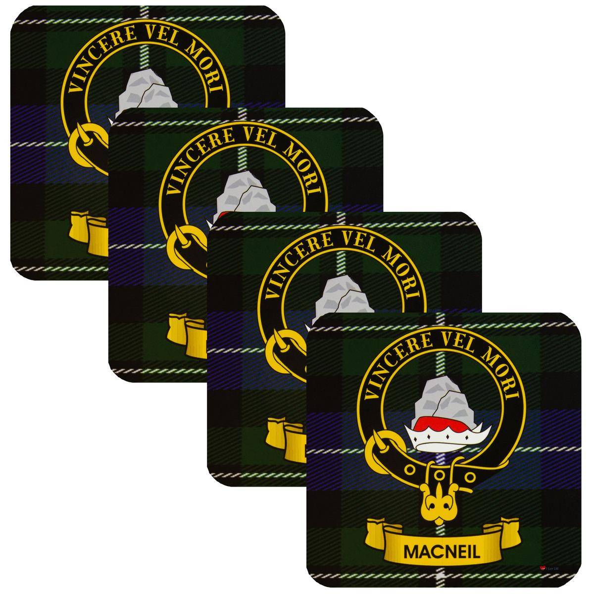 MacNeil Clan Crest Square Coasters Set of 4 Cork Backed From Scotland