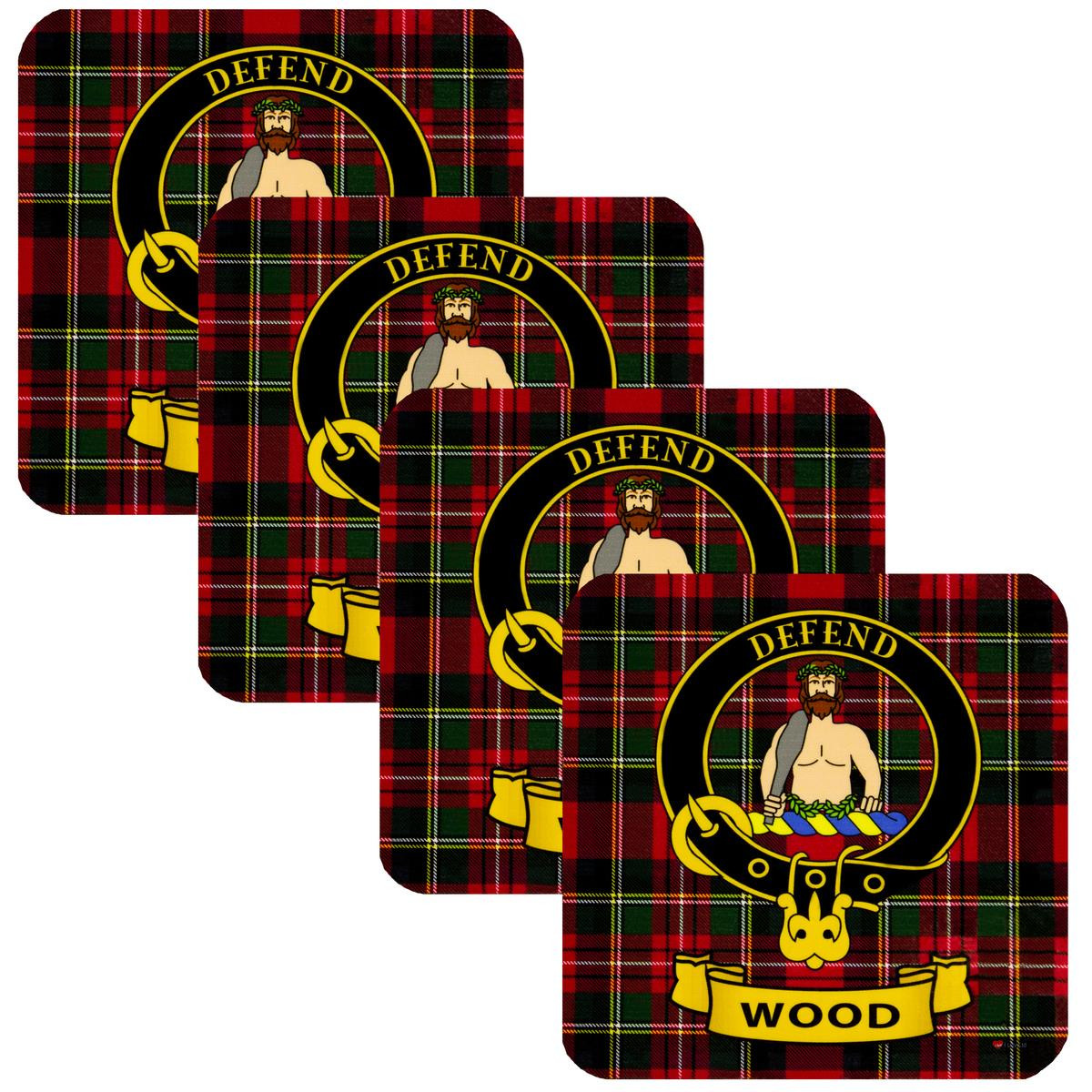 Wood Clan Crest Square Coasters Set of 4 Cork Backed From Scotland