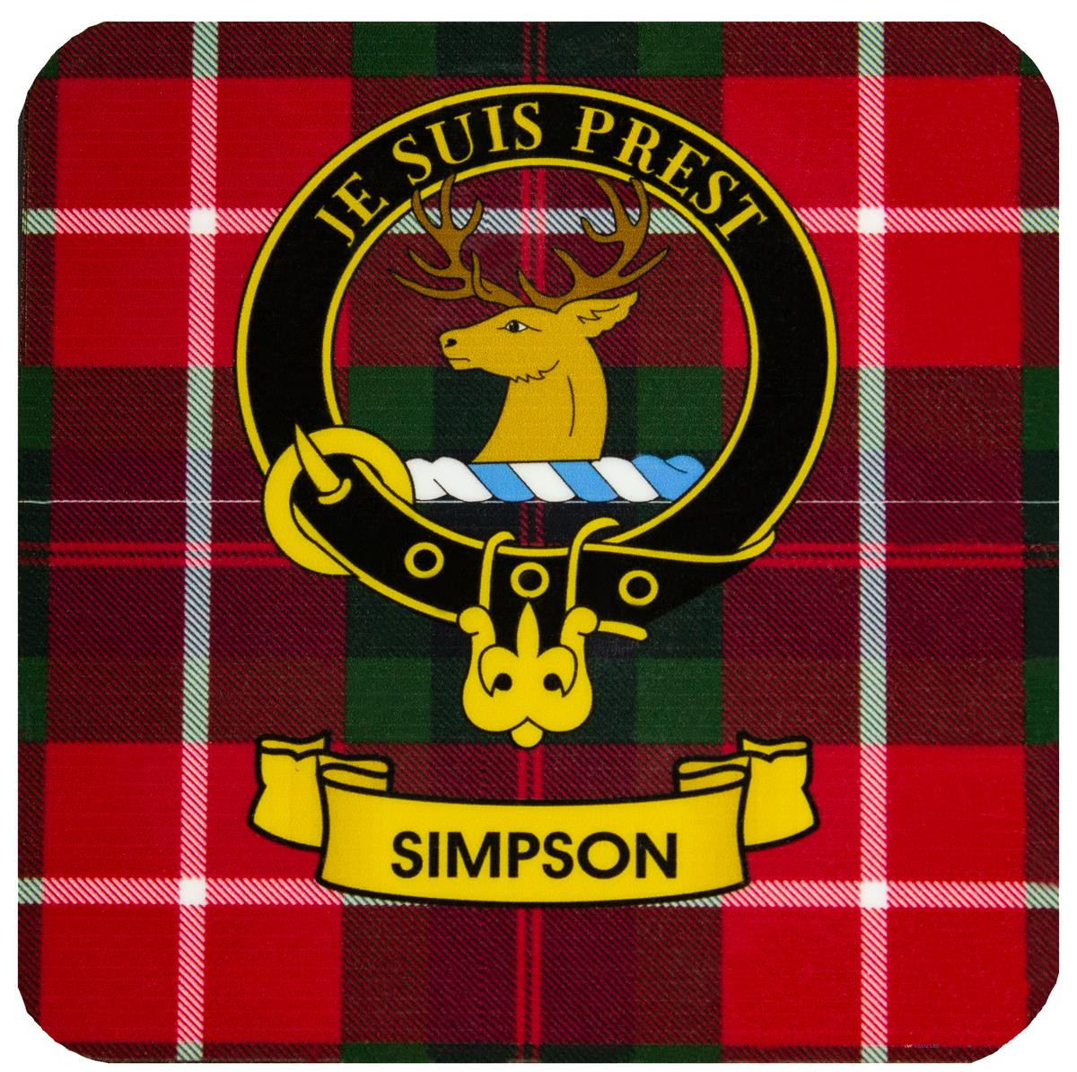 Simpson Clan Crest Square Coasters Set of 4 Cork Backed From Scotland