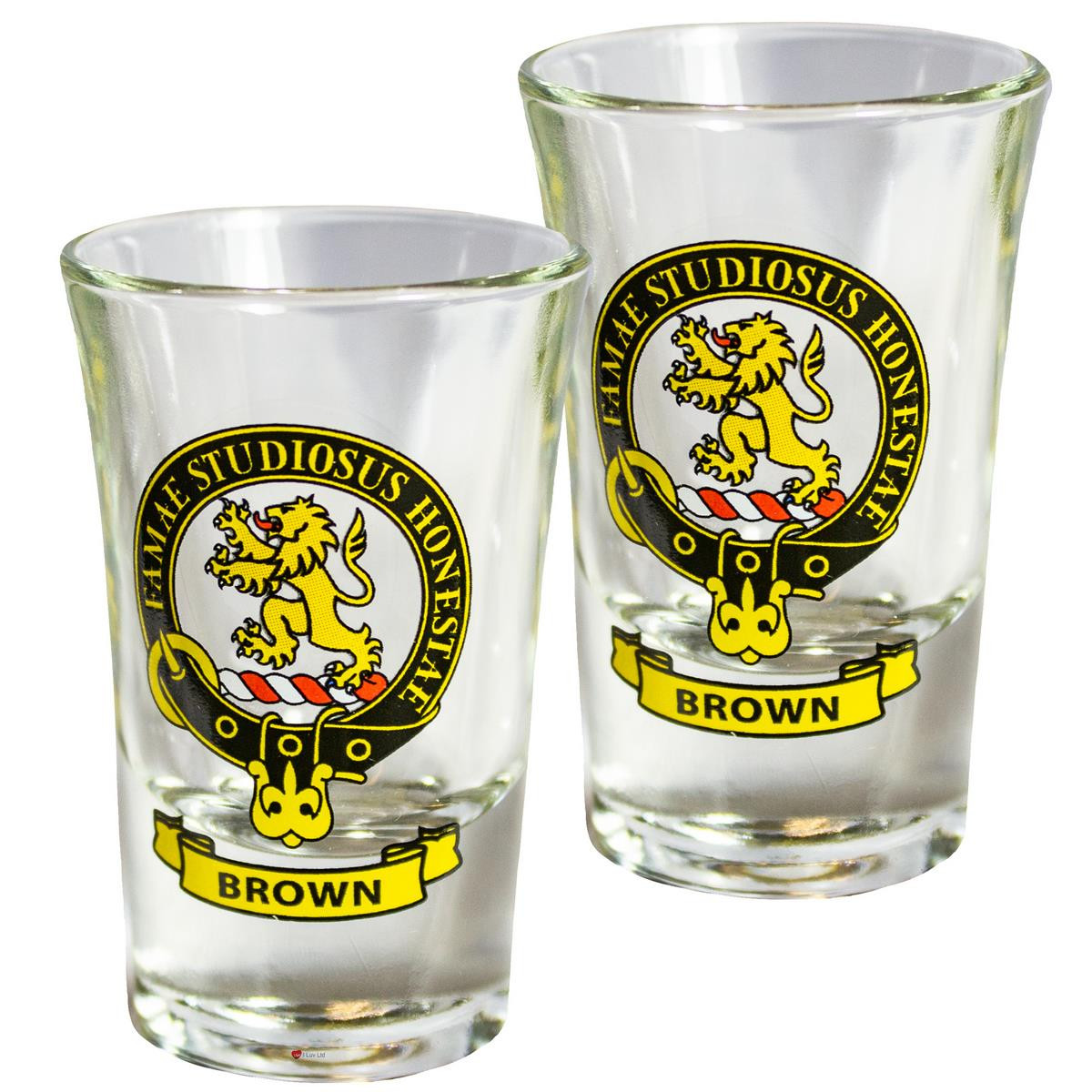 Brown Scottish Clan Crest Tequila Slammer Shot Glass Set of 2 Scottish Made
