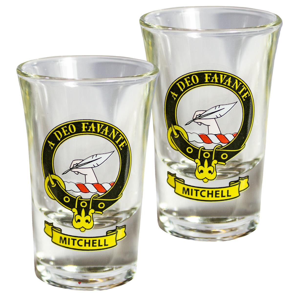 Mitchell Scottish Clan Crest Tequila Slammer Shot Glass Set of 2 Scottish Made