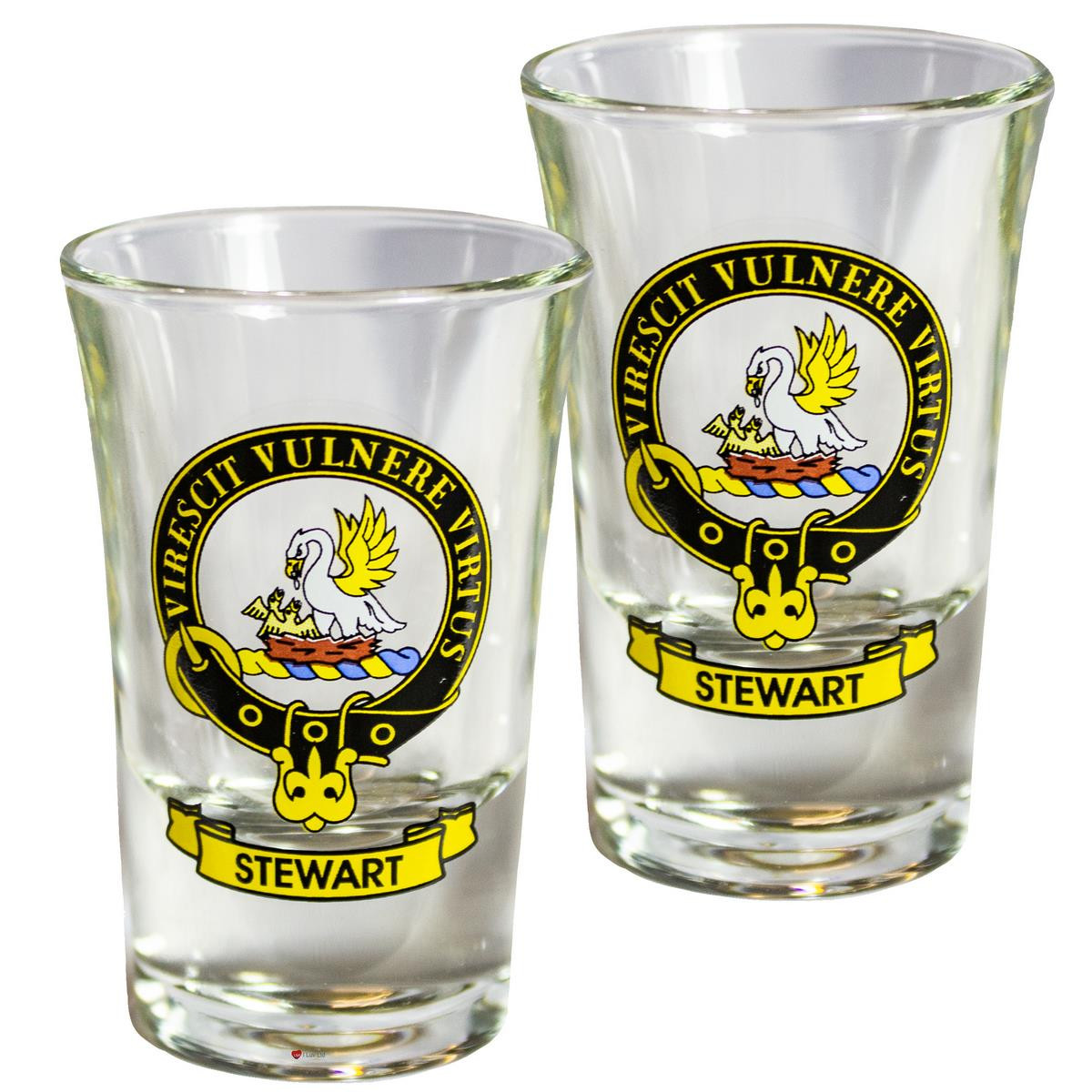Stewart Scottish Clan Crest Tequila Slammer Shot Glass Set of 2 Scottish Made