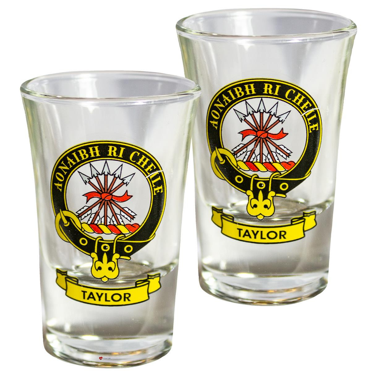 Taylor Scottish Clan Crest Tequila Slammer Shot Glass Set of 2 Scottish Made