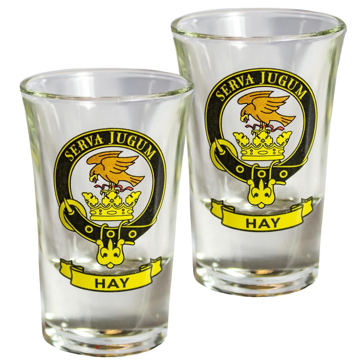 Hay Scottish Clan Crest Tequila Slammer Shot Glass Set of 2 Scottish Made