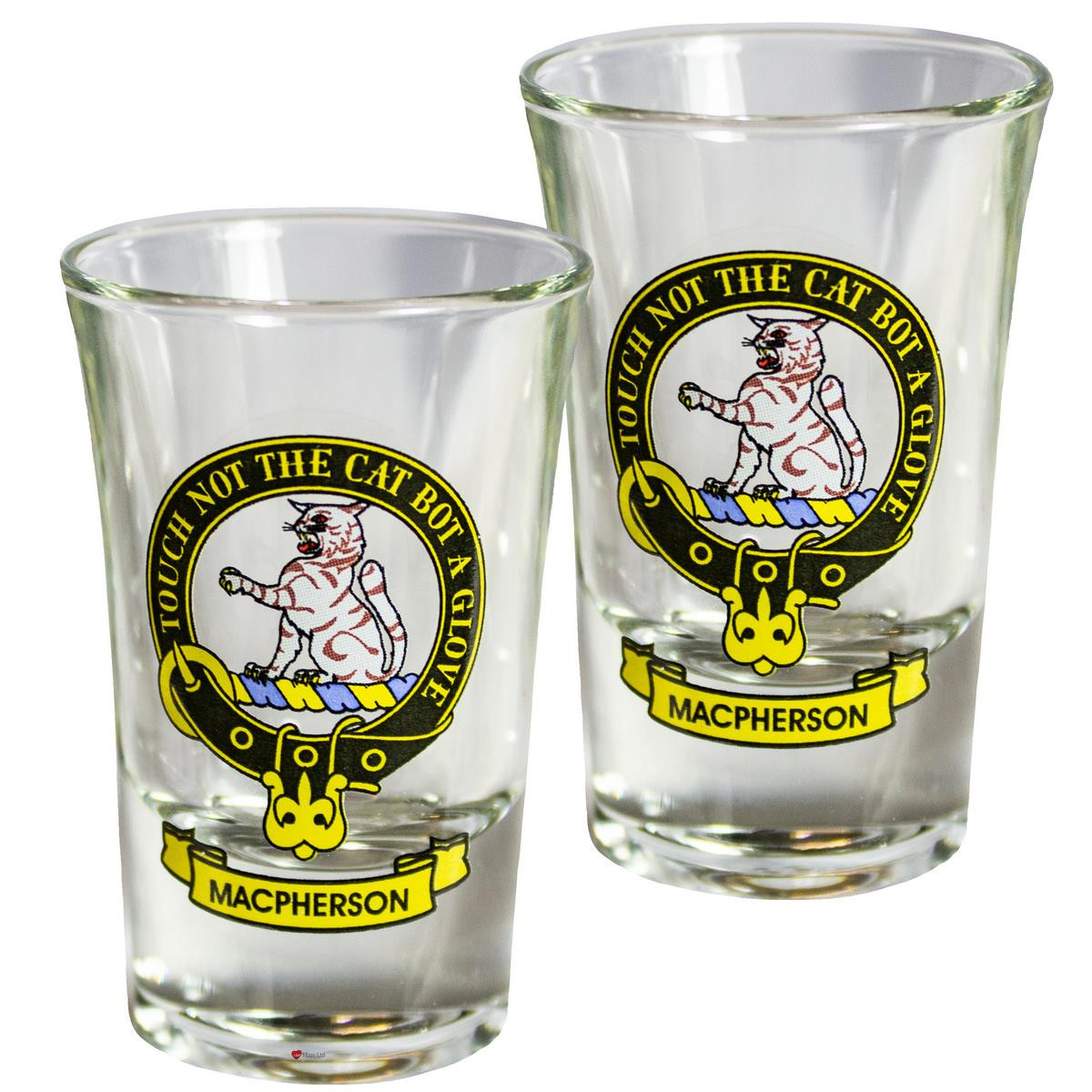 MacPherson Scottish Clan Crest Tequila Slammer Shot Glass Set of 2 Scottish Made