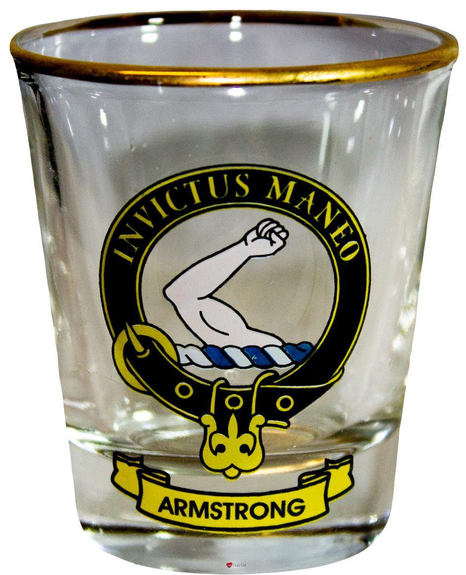 Armstrong Clan Crest Wee Dram Shot Glass Set of 2 Scottish Made