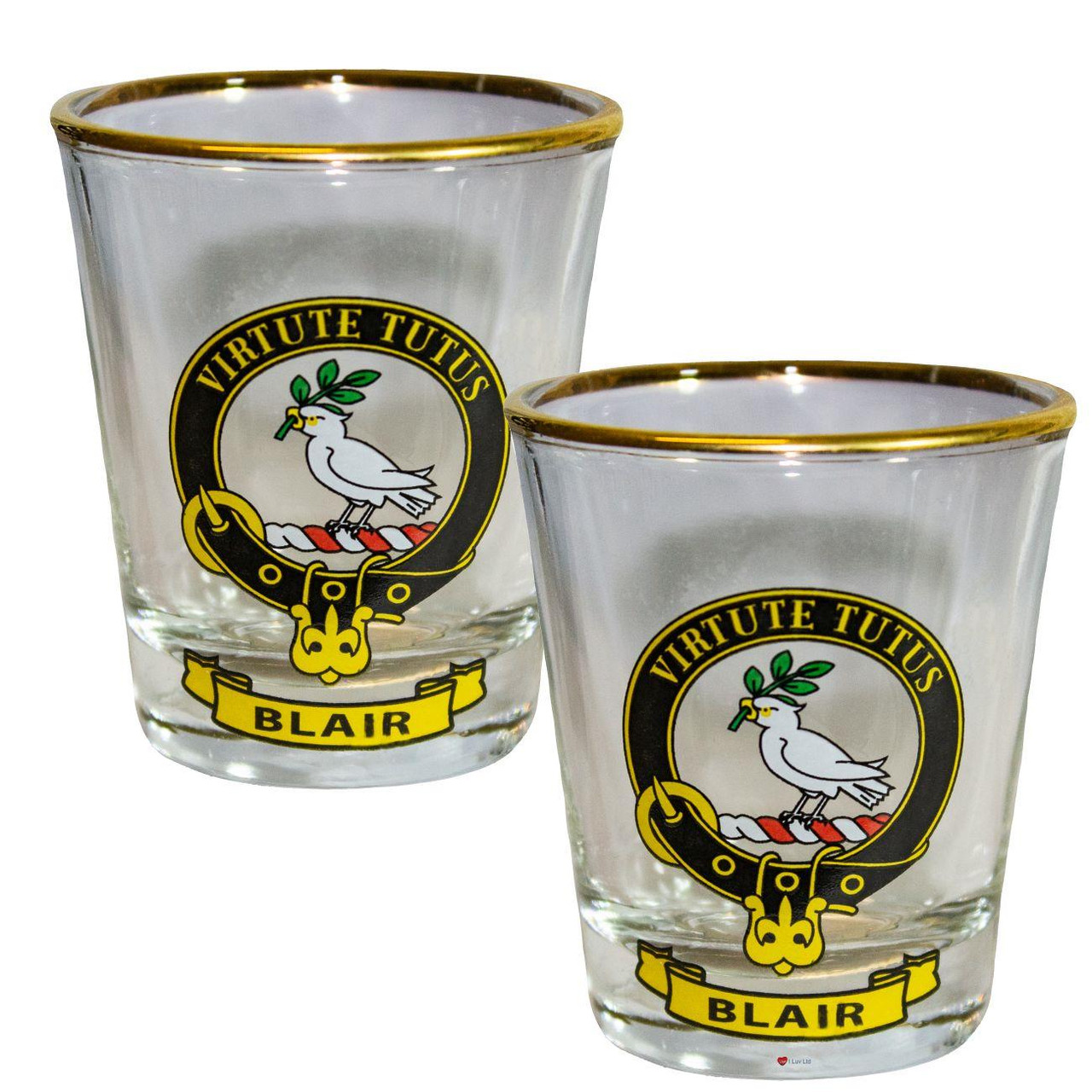 Blair Clan Crest Wee Dram Shot Glass Set of 2 Scottish Made