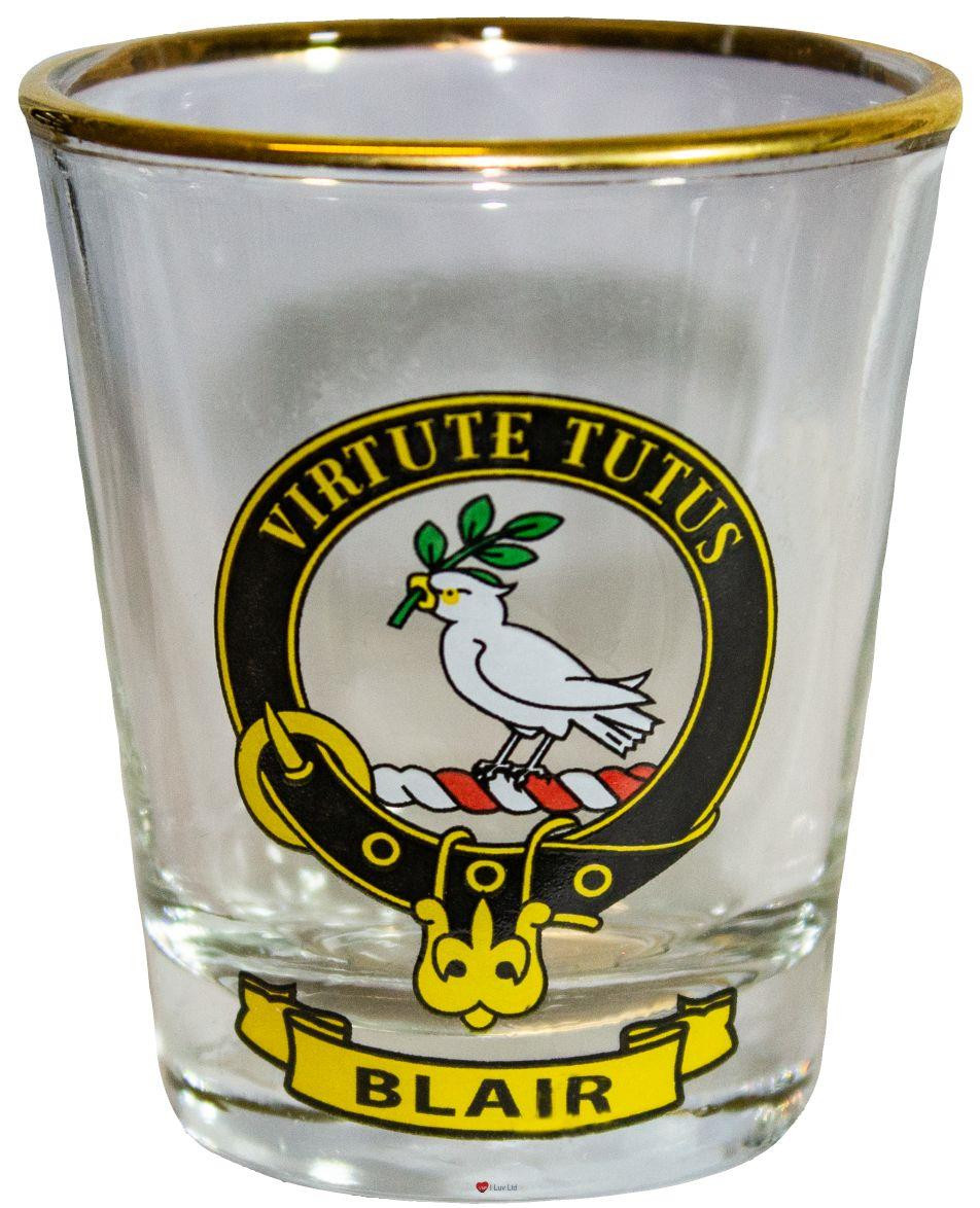 Blair Clan Crest Wee Dram Shot Glass Set of 2 Scottish Made
