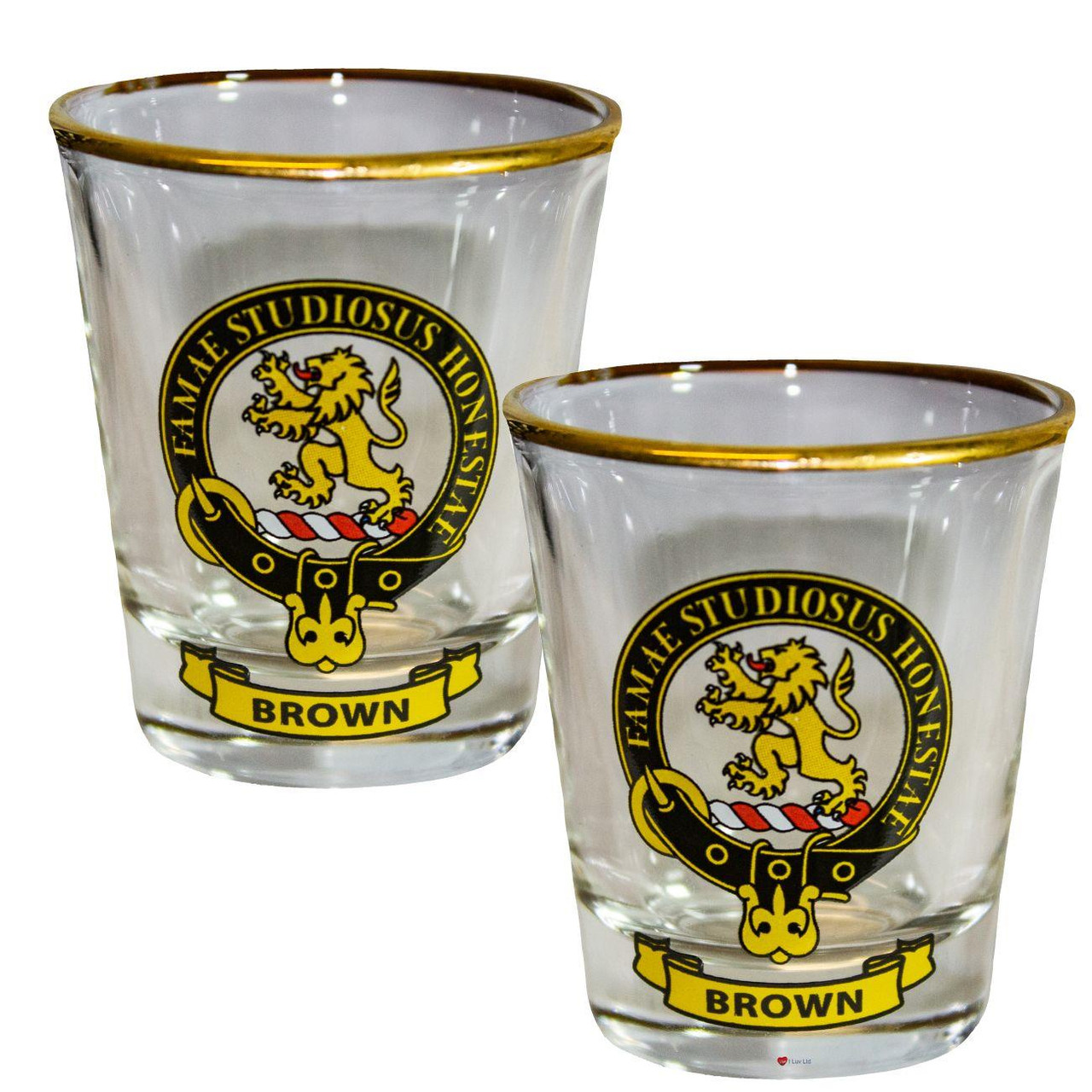 Brown Clan Crest Wee Dram Shot Glass Set of 2 Scottish Made