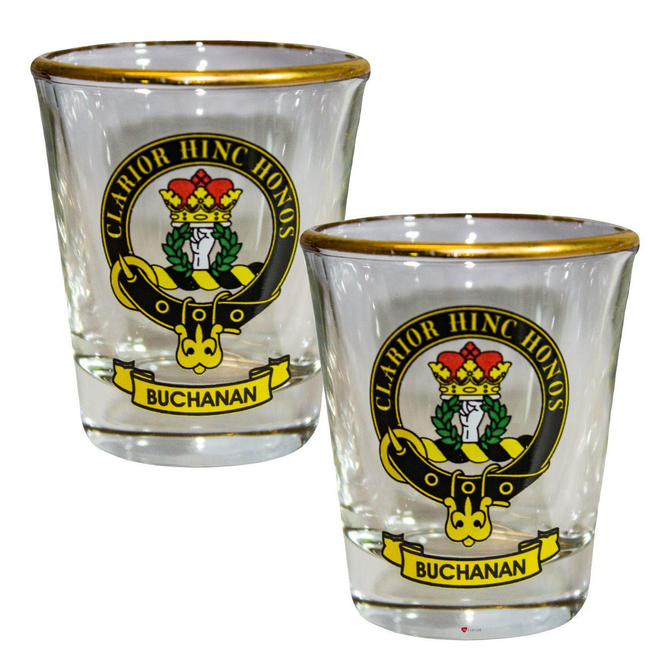 Buchanan Clan Crest Wee Dram Shot Glass Set of 2 Scottish Made