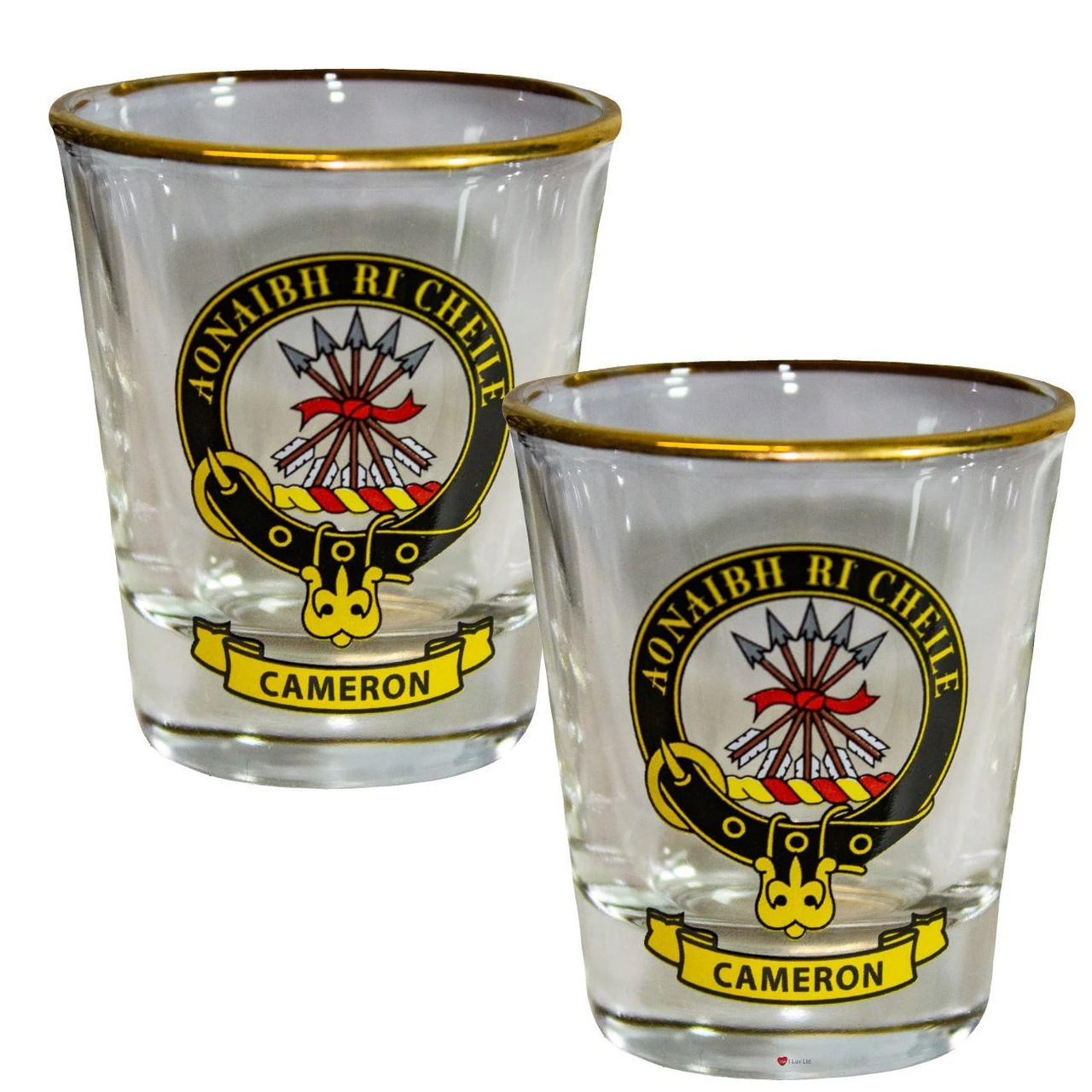 Cameron Clan Crest Wee Dram Shot Glass Set of 2 Scottish Made
