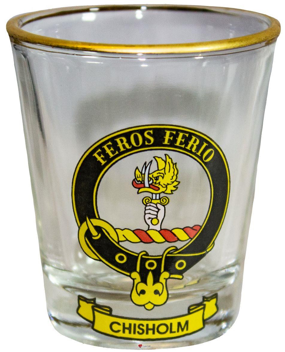 Chisholm Clan Crest Wee Dram Shot Glass Set of 2 Scottish Made