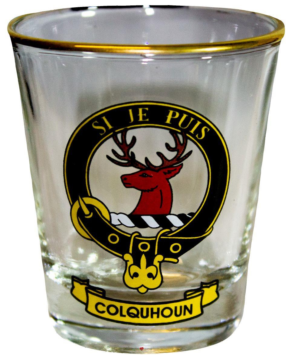 Colquhoun Clan Crest Wee Dram Shot Glass Set of 2 Scottish Made