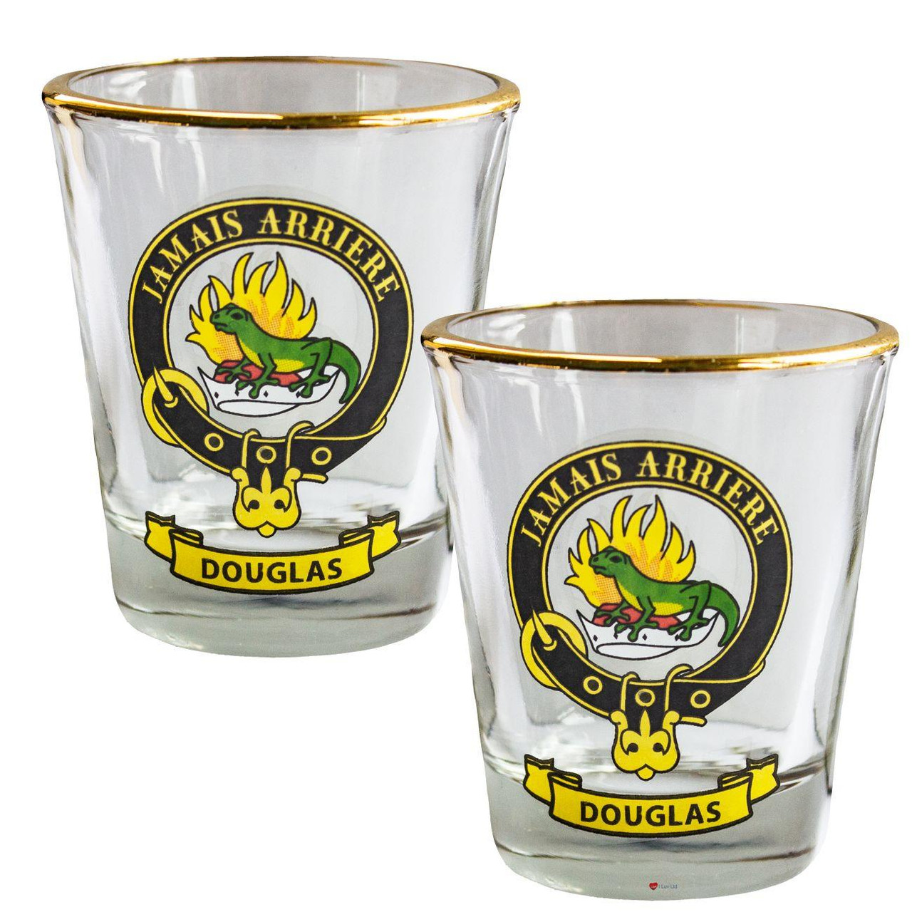 Douglas Clan Crest Wee Dram Shot Glass Set of 2 Scottish Made