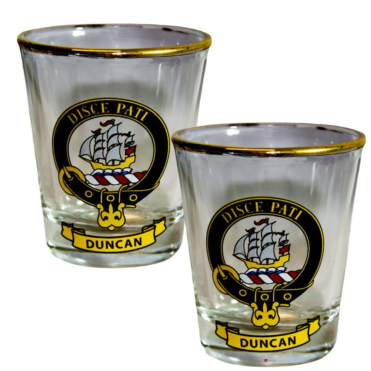 Duncan Clan Crest Wee Dram Shot Glass Set of 2 Scottish Made